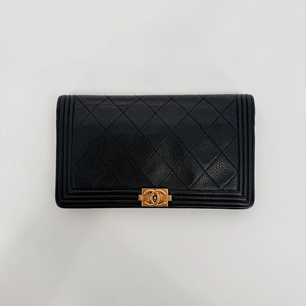 Chanel Boy Flap Wallet Black Quilted Caviar Gold Hardware Luxury Wallet on Chain